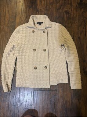 Ann Taylor Cream Double-Breasted Knit Sweater Jacket